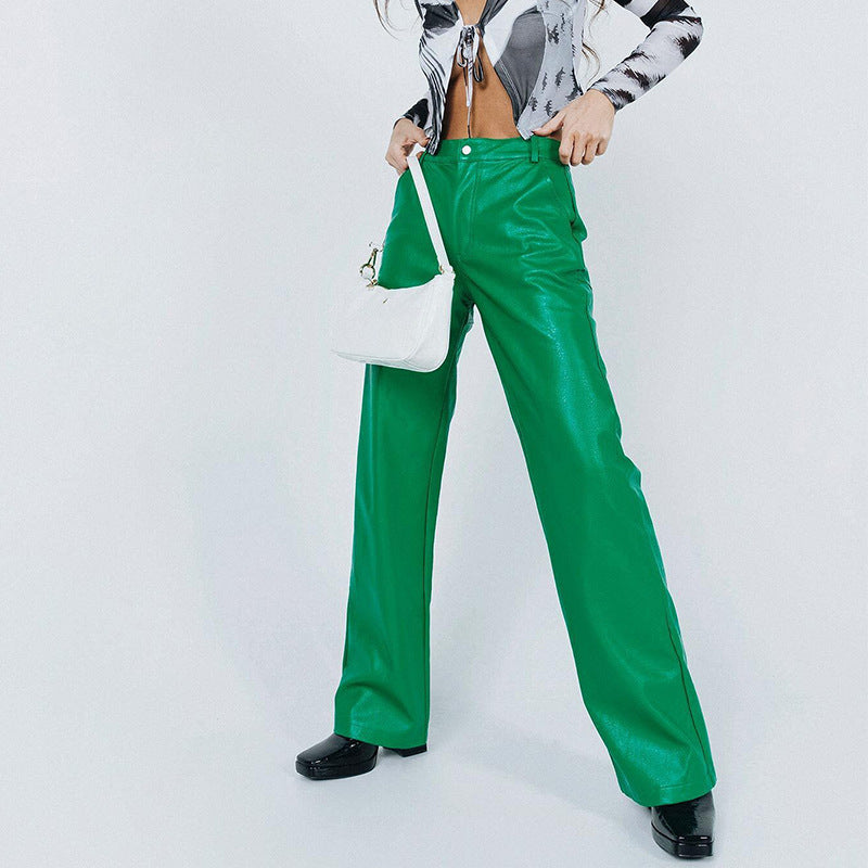 Pantalon en similicuir taille haute, coupe ample, jambes larges, style décontracté