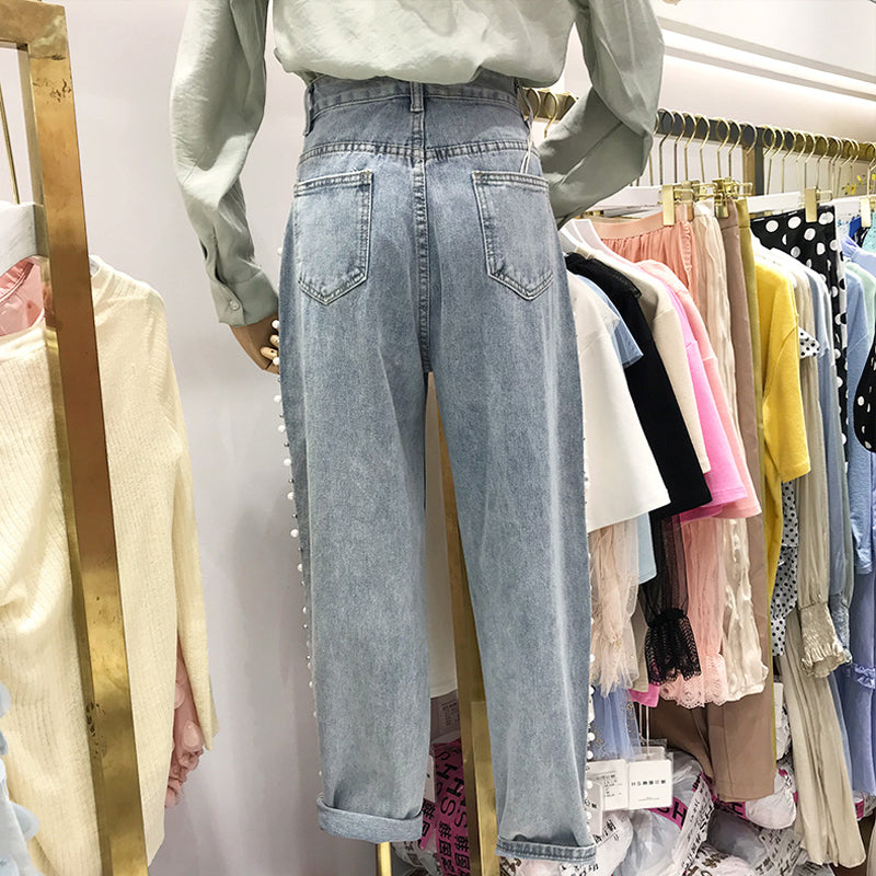 بنطلون جينز نسائي فضفاض واسع الساقين، بنطلون جينز ضيق متعدد الاستخدامات بقصة مستقيمة وخصر عالٍ