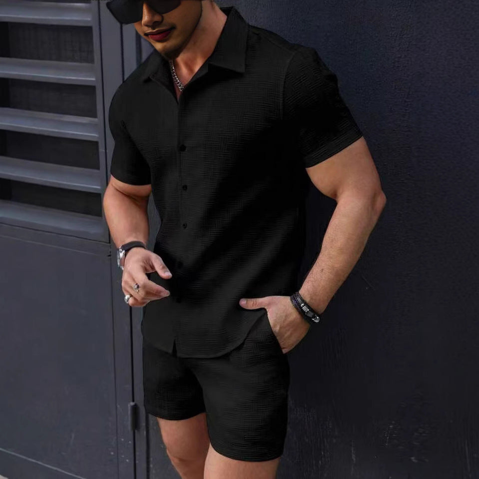Men's Summer Casual Two-Piece Set Short Sleeve Shirt & Shorts Breathable Beachwear