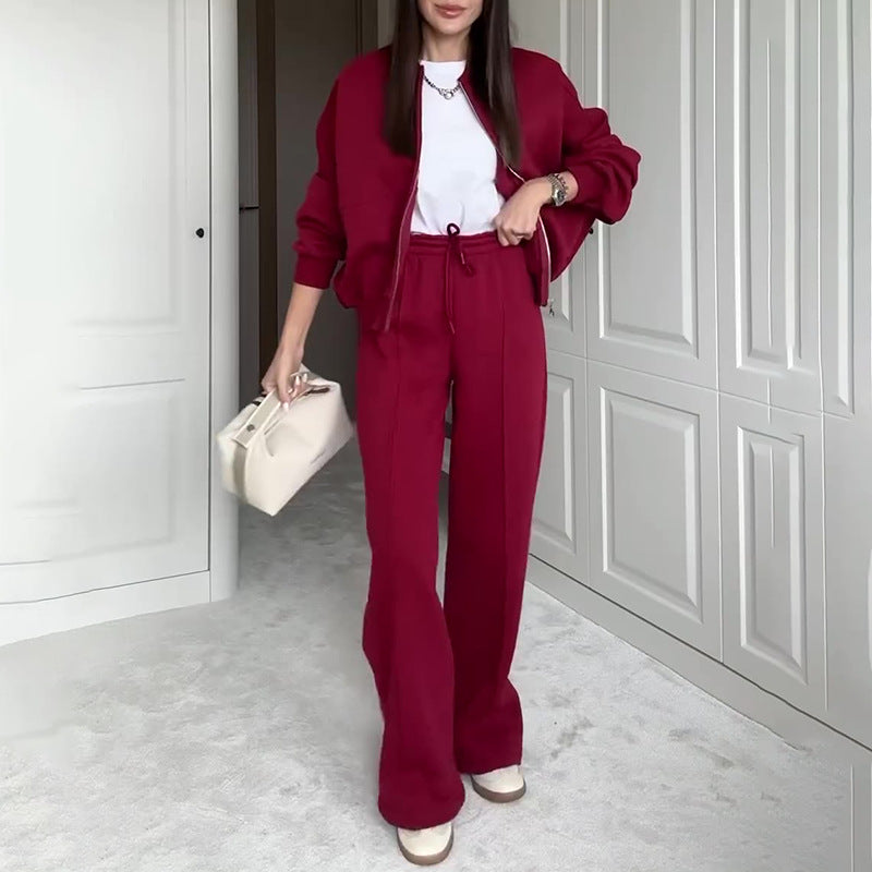 Solid Color Gray Polyester Zip Sweater & Casual Trousers Suit for Women