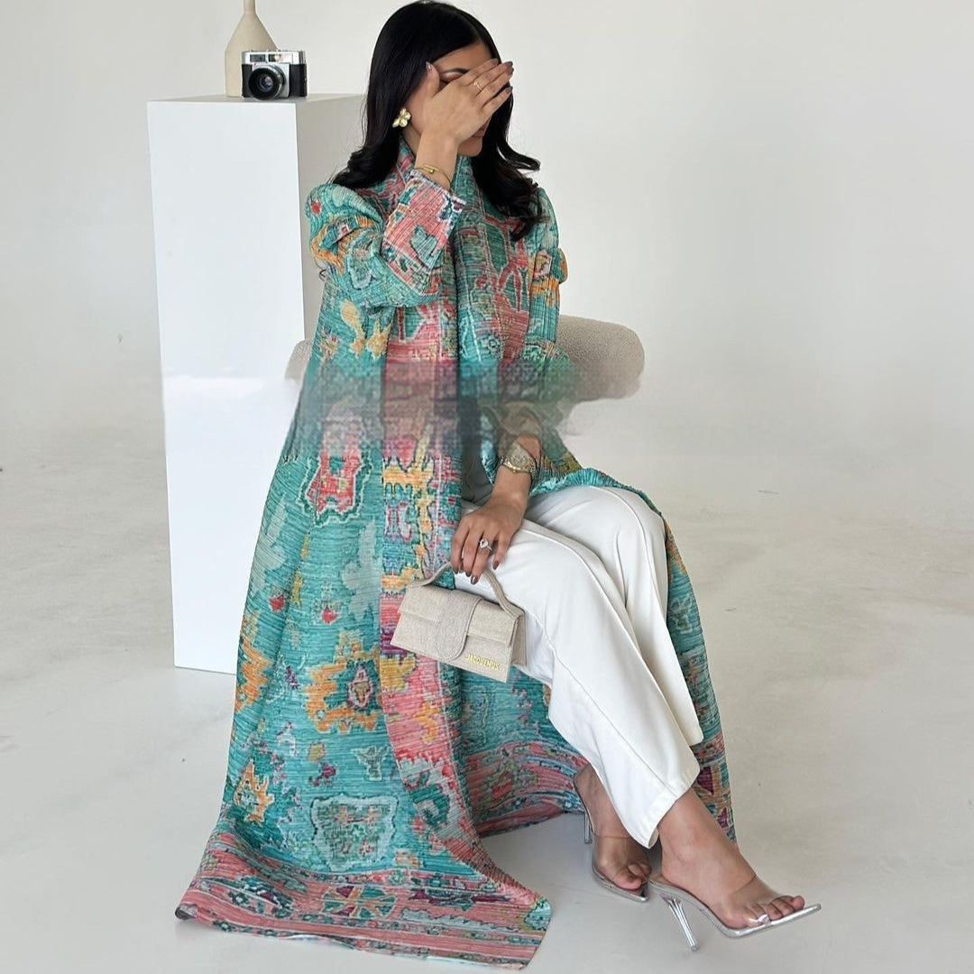 Pleated Trench Djellaba Printed Shawl Cardigan Ethnic Cloak Coat for Middle East Women