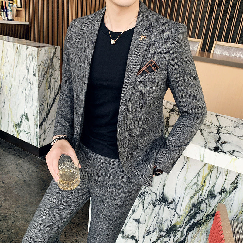 Men's Slim Fit Casual Plaid Two-Piece Suit