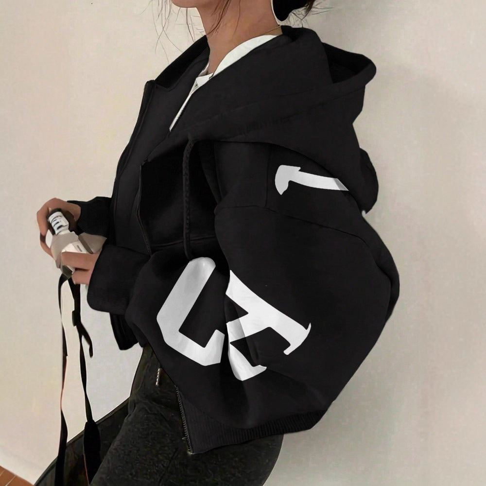 Women’s Long-Sleeve Zip-Up Casual Sweatshirt with Printed Design
