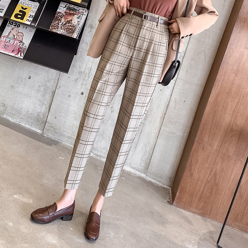 Plaid Loose Fit British Style High Waist Nine-Point Pants for Women