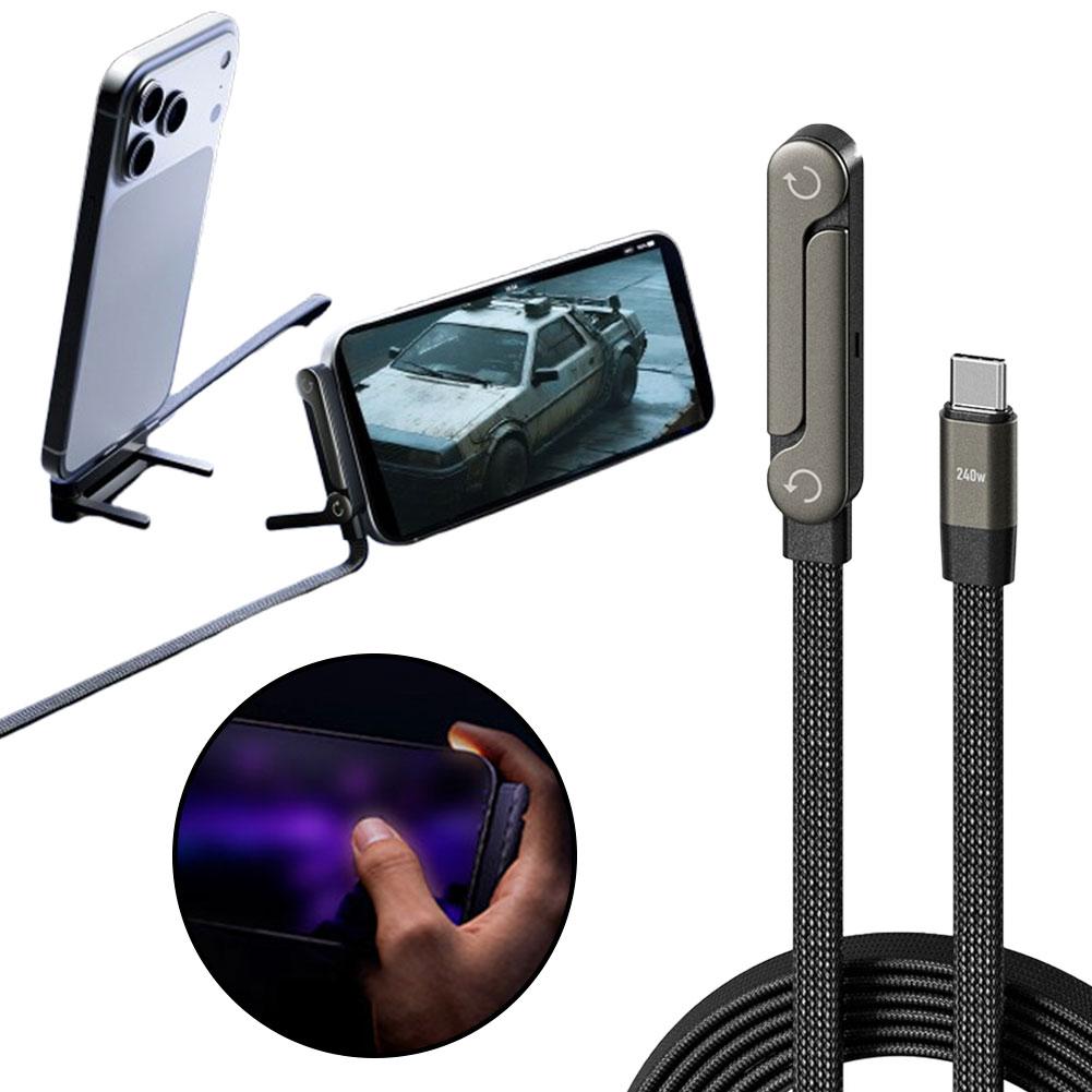 240W Fast Charging Cable with Foldable Phone Stand and 90° Elbow Holder