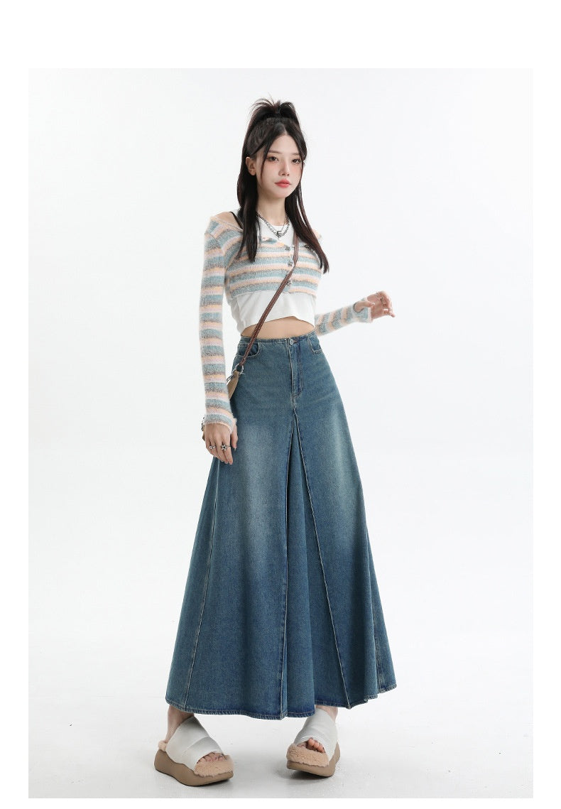 Jupe en jean trapèze mi-longue taille haute rétro style américain