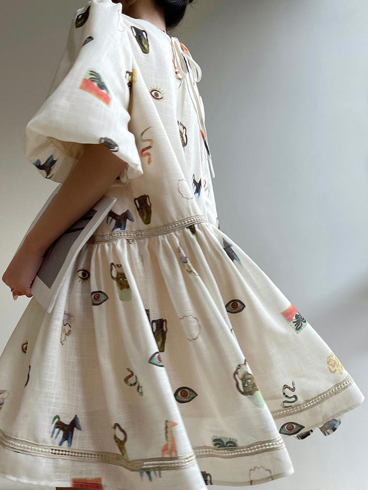 Robe Femme en Dentelle Rétro à Manches Bouffantes et Col en V