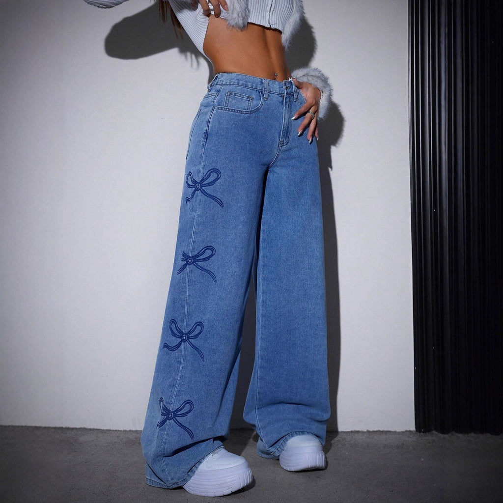 High-Waisted Printed Straight-Leg Wide-Leg Denim Jeans