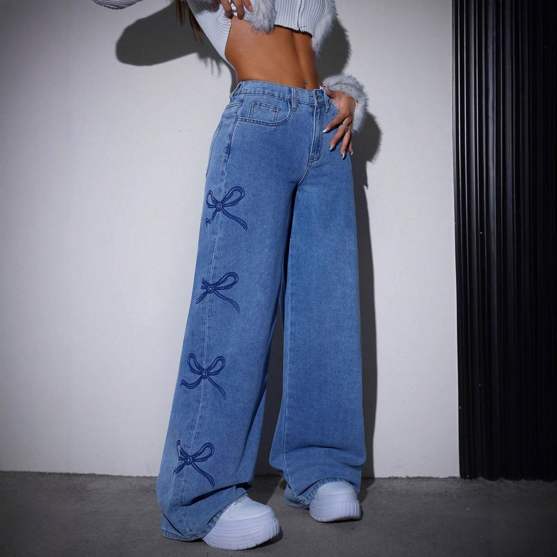 High-Waisted Printed Straight-Leg Wide-Leg Denim Jeans