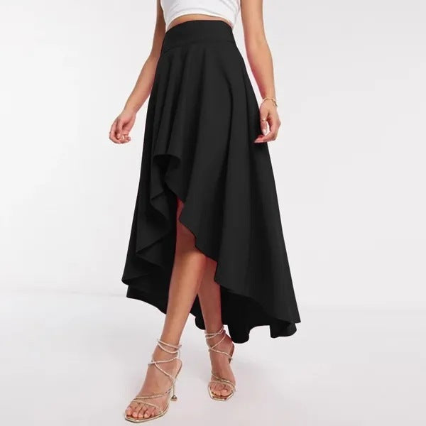 Women's Asymmetric High Waist Mid-Length Skirt in Black & Pink Polyester