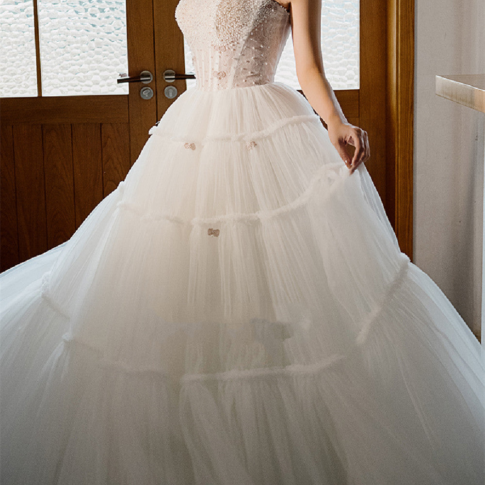 White Tencel Bow Crystal Cake Skirt with Nail Beads