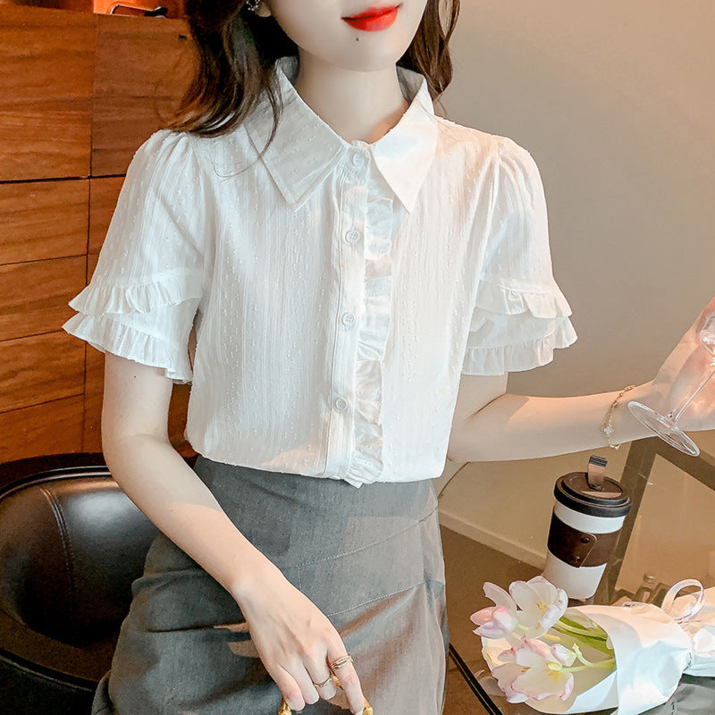 Sweet Design White Cotton Blend Ruffled Short Sleeve Shirt for Women