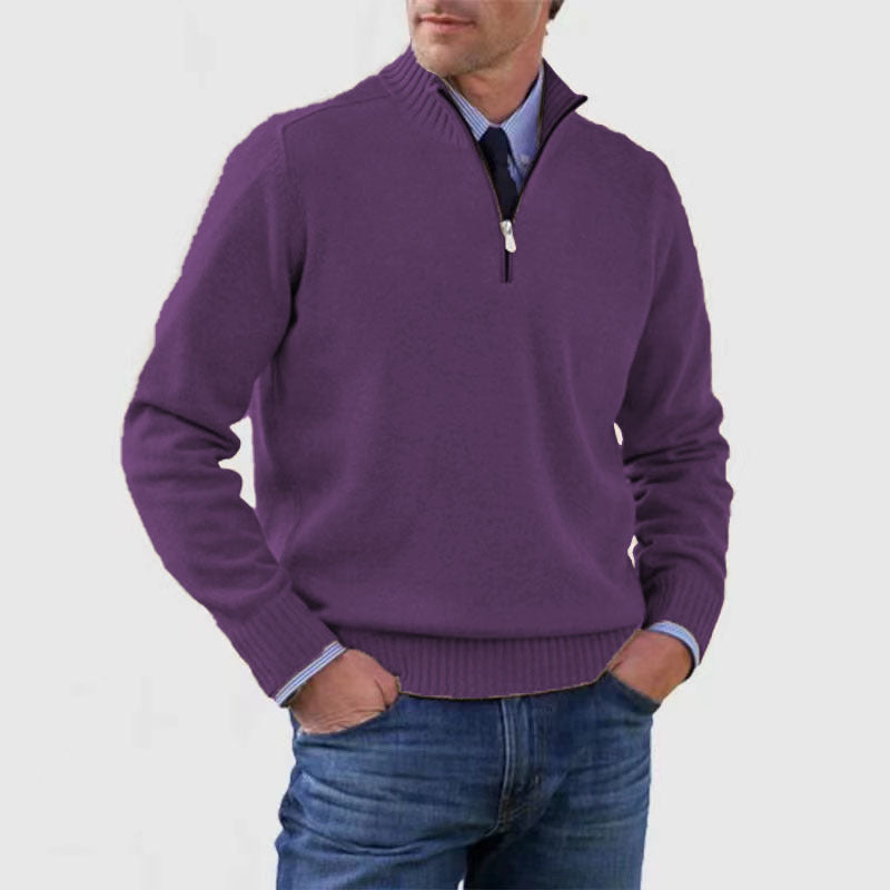 Pull tricoté à col montant zippé à manches longues pour homme, coupe ajustée