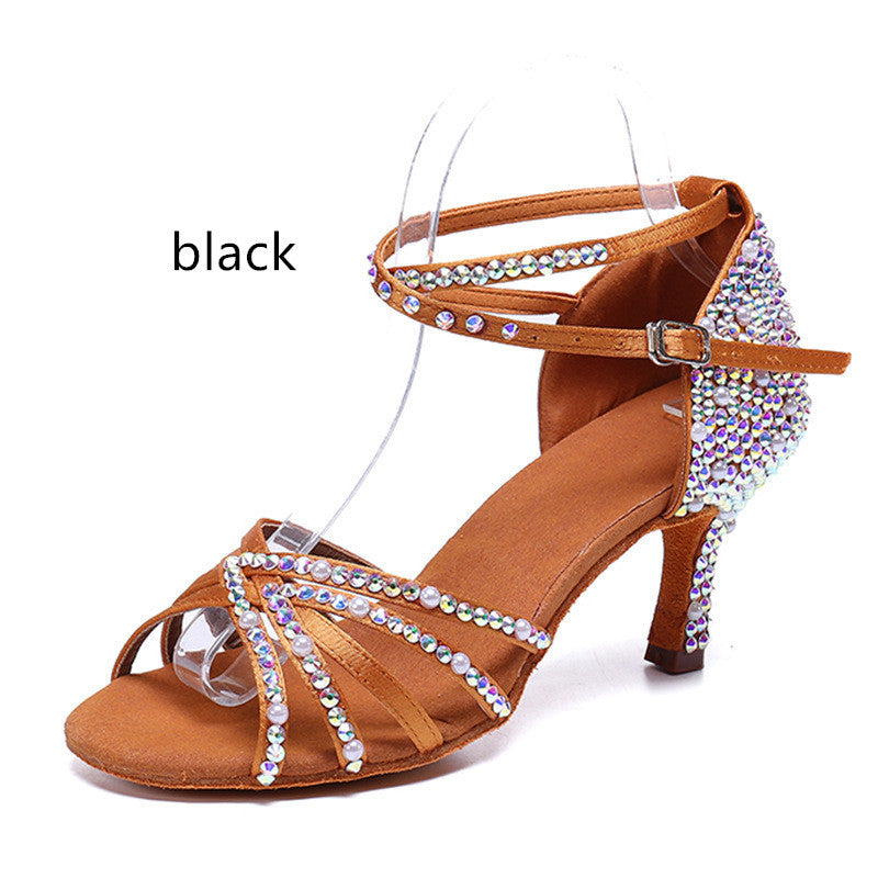 Women’s Rhinestone Pearl Satin Latin Dance Shoes High Heels