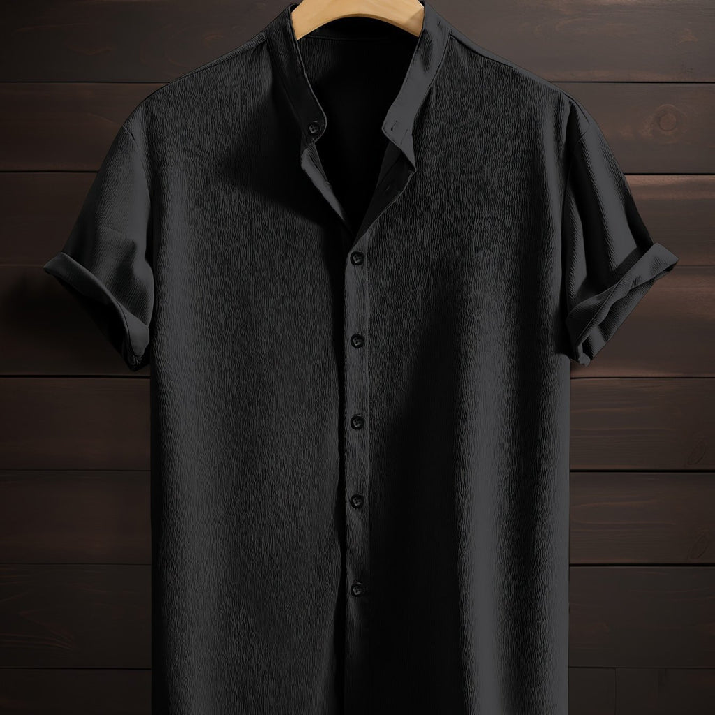 Men's Casual Breathable Polyester Short Sleeve Stand Collar Shirt