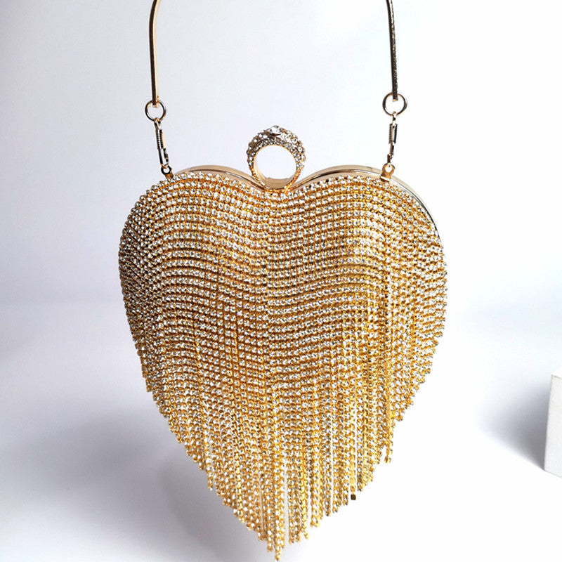Women's Heart-Shaped Tassel Diamond Dinner Handbag 17x20x9cm Black Gold Silver