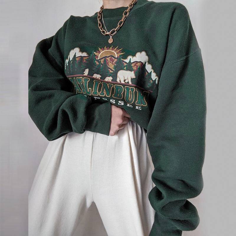 American Retro Dark Green Cotton Round Neck Sweater for Women