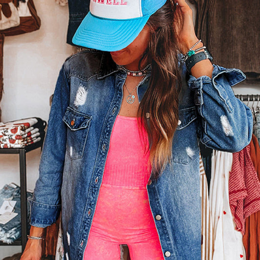Retro Distressed Long Denim Coat For Women