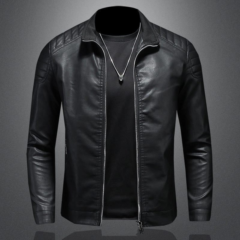 Men's Thin Leather Motorcycle Jacket with Stand Collar and Zipper Front
