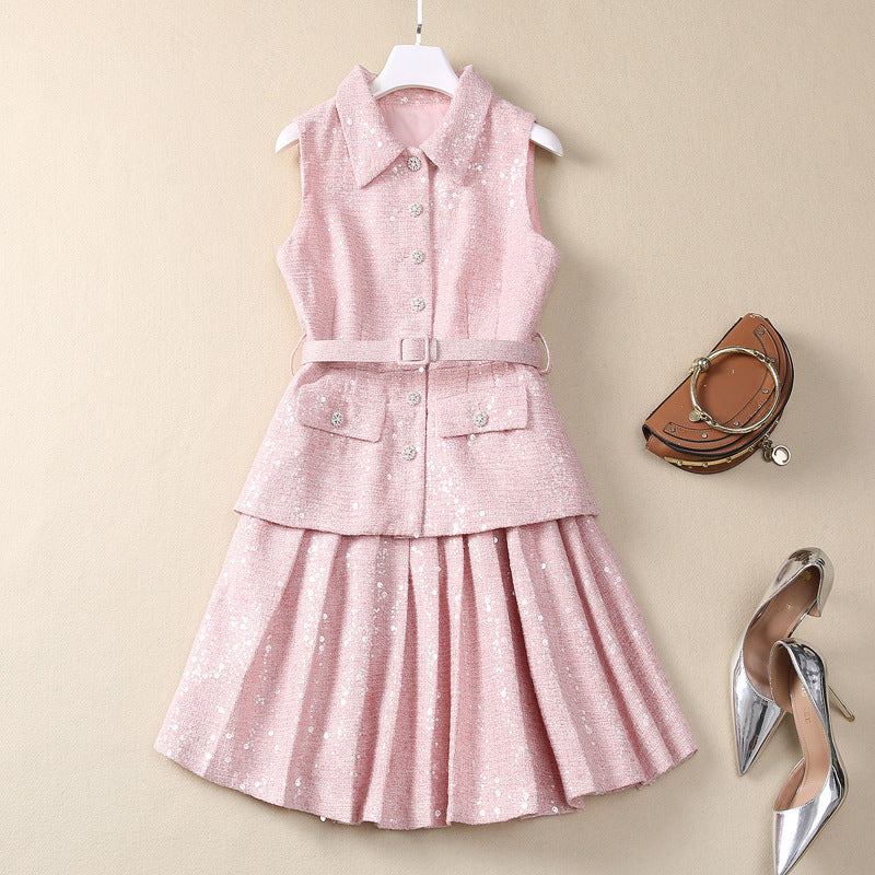 Heavy Embroidery Sequin Sleeveless Ruffled Short Dress with Belt