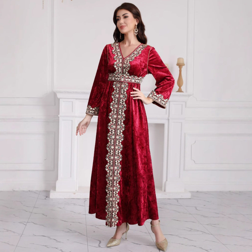 Arab Women's Slim V-neck Long Sleeve Embroidery Pleuche Dress