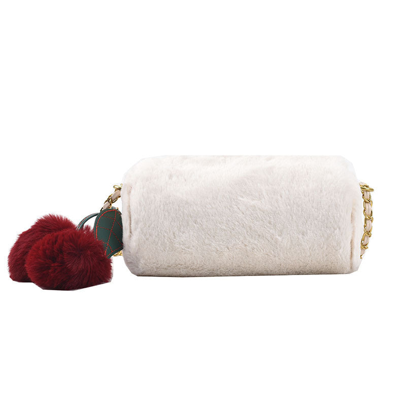 Winter Plush Cylinder Baguette Bag with Cherry Metal Chain