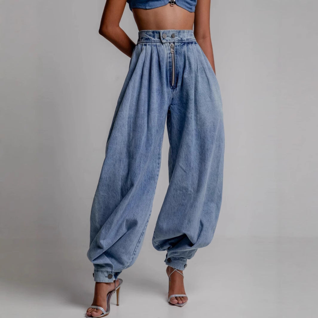 High Waist Zipper Ankle-tied Jeans Loose