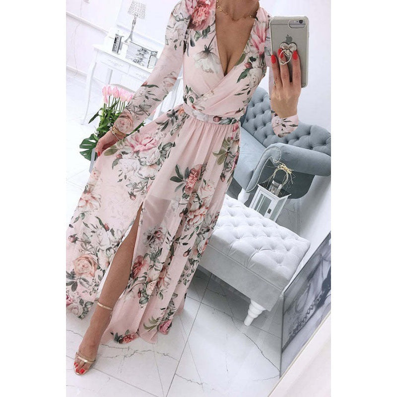 Long Sleeve Printed Chiffon Bohemian Dress for Women