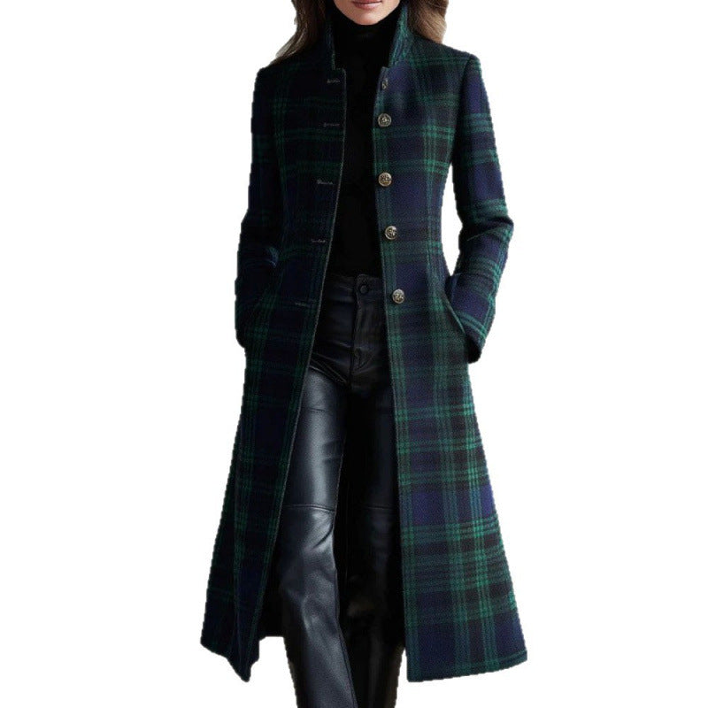 Women’s Green Plaid Long-Sleeve Single-Breasted Cardigan Coat