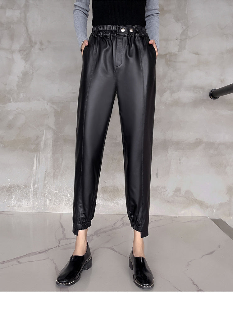 Women's Sheepskin Leather Harem Pants High Waist Elastic Leggings