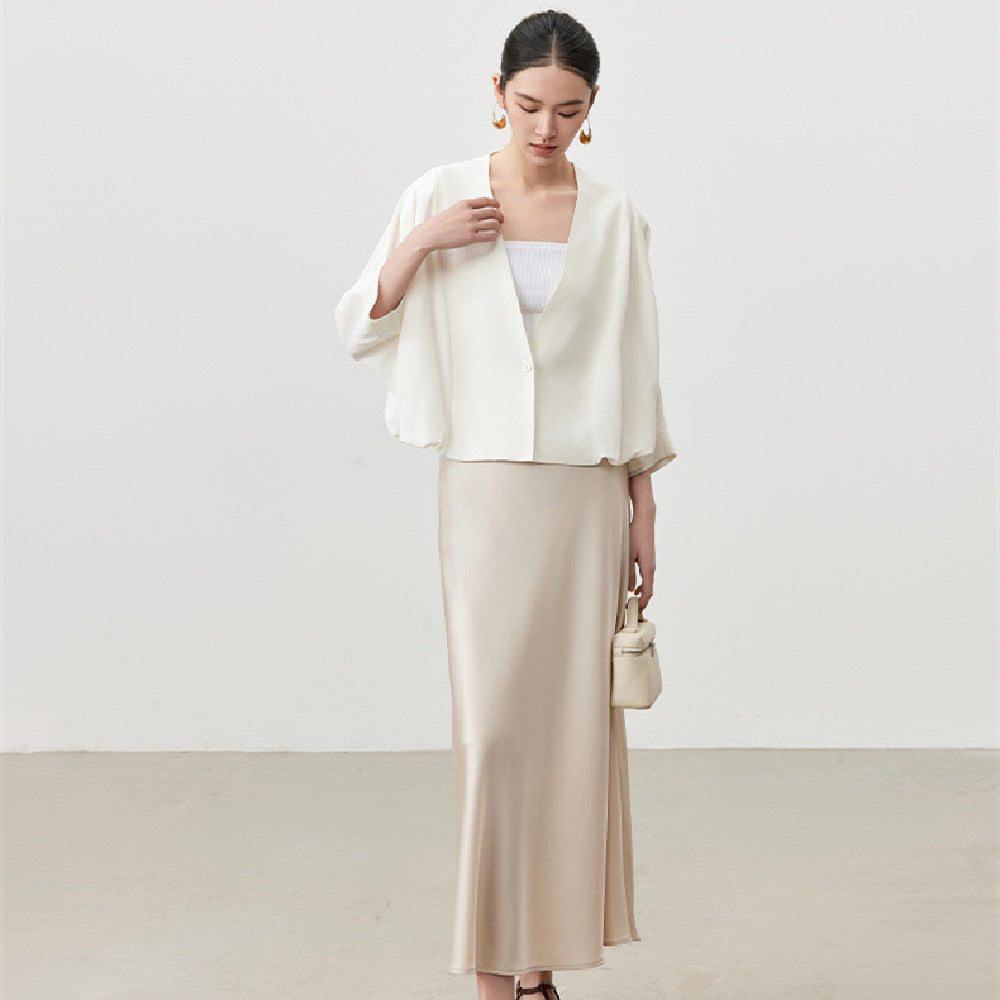 Women's Elegant Silk High Waist A-Line Skirt in Champagne & Black