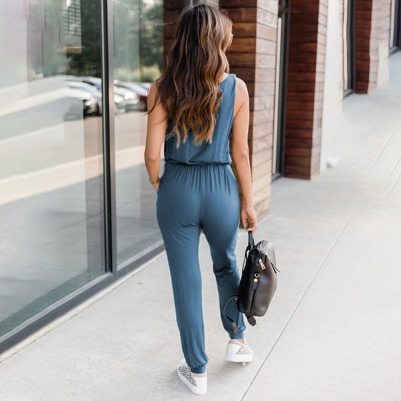 Combinaison Femme Décontractée Ample sans Manches avec Taille Élastiquée
