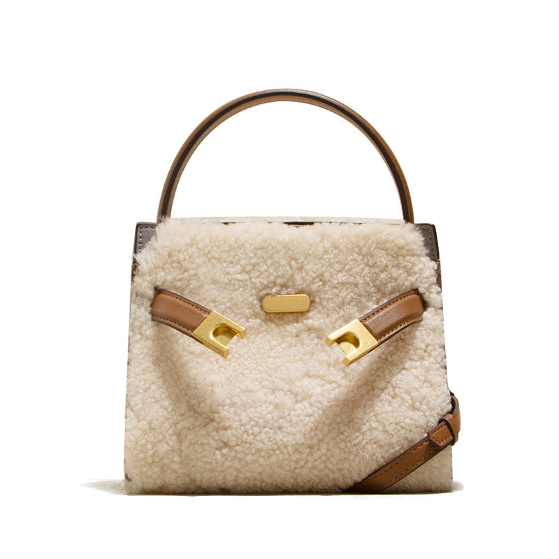 Sac bandoulière en cuir et peluche de laine d'agneau pour femmes – Mode automne-hiver