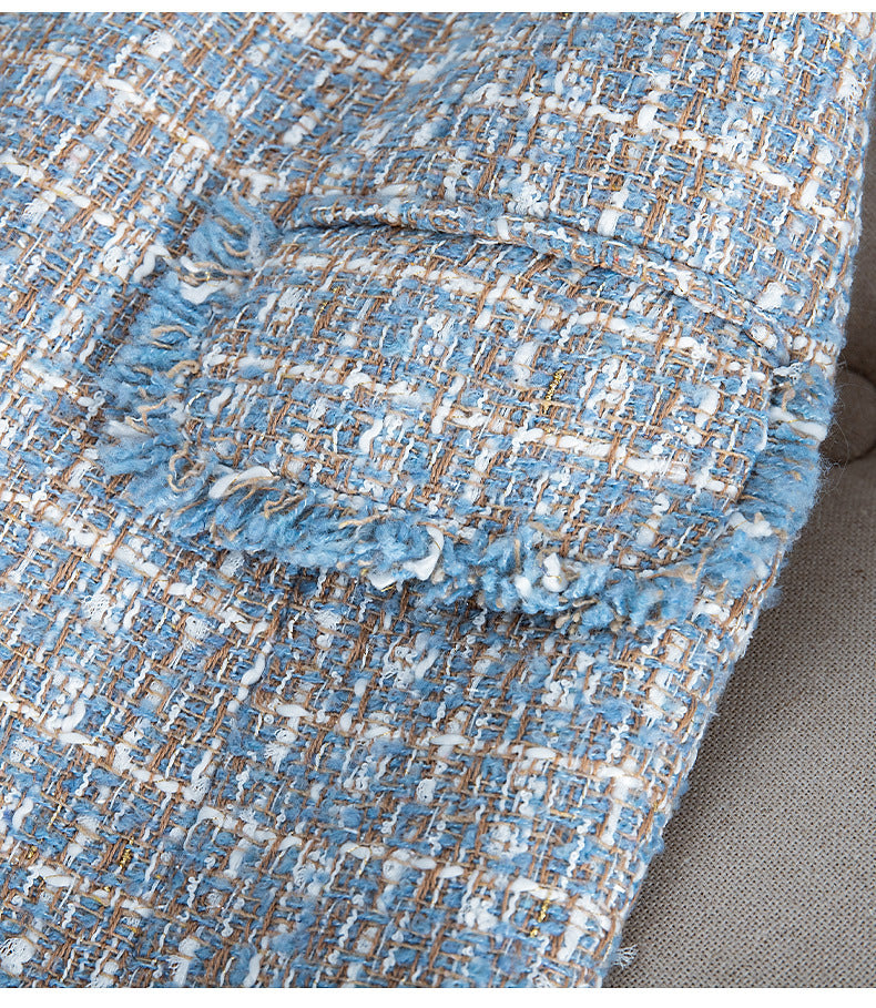 Manteau en Laine Tweed à Carreaux avec Poches - Coupe Cintrée, Bleu, Noir & Rose Abricot, Tailles S-3XL