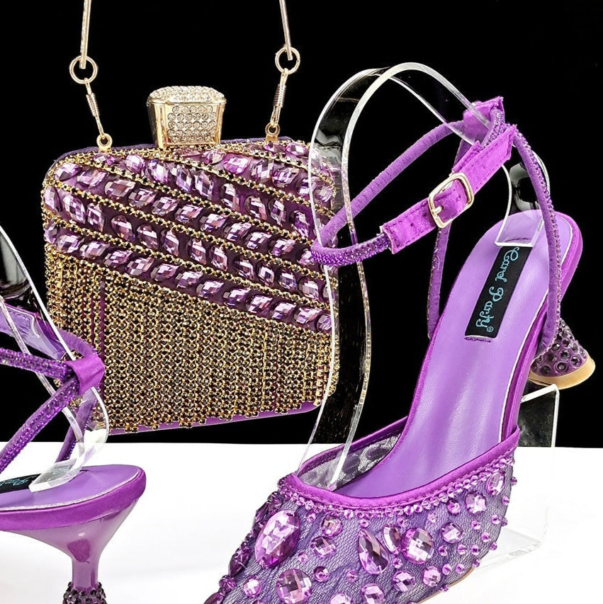 Ensemble de sandales à talons hauts et de sac à main à pompon 3D avec grands strass