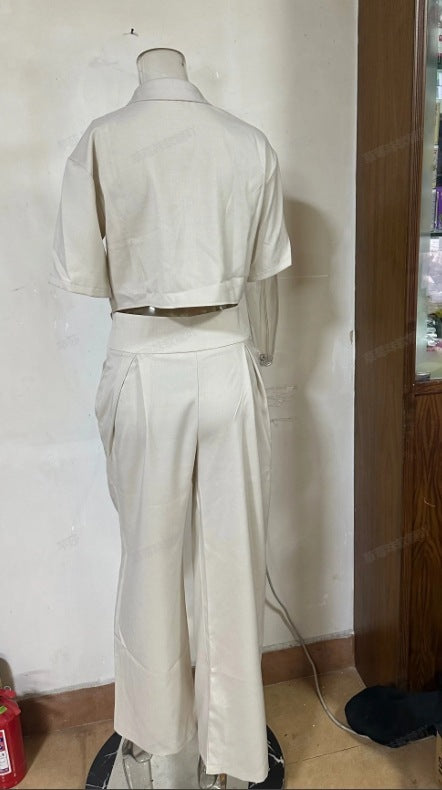 Light Gray Irregular Top & Casual Pants Suit – Polyester, S-XXL, Japanese Korean Style