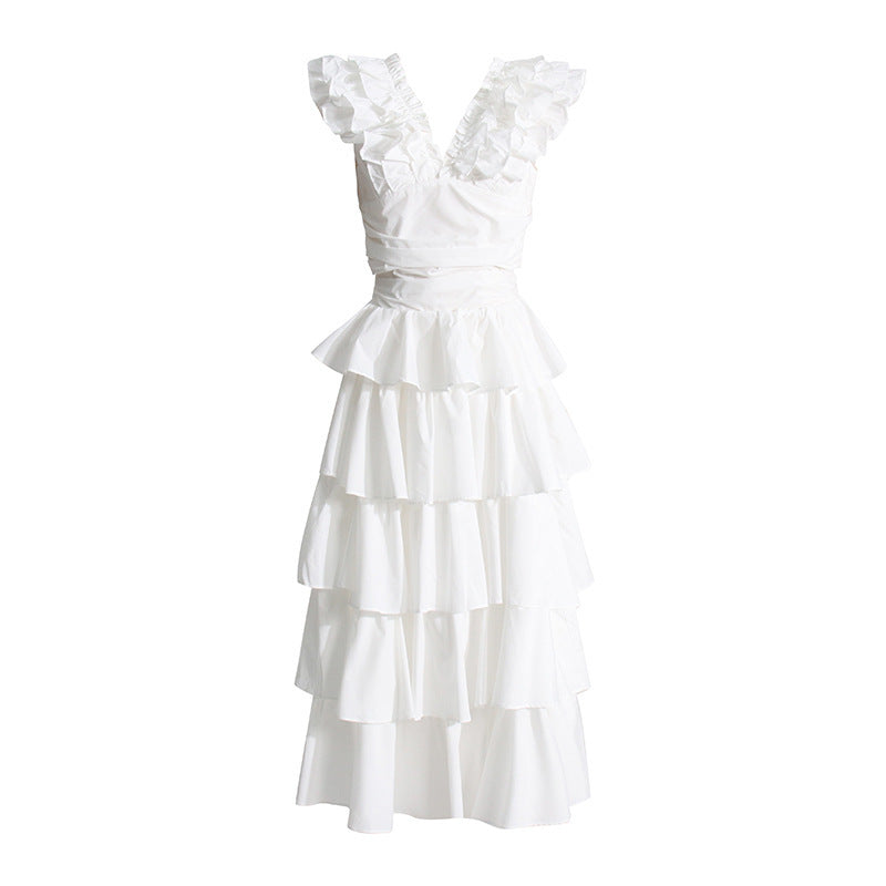 Women's V-Neck Lace Short Top & High Waist Cake Layer Dress Suit