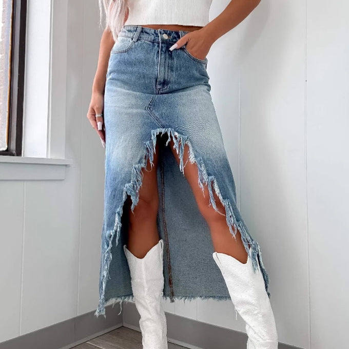 Jupe en jean taille haute délavée à ourlet brut irrégulier