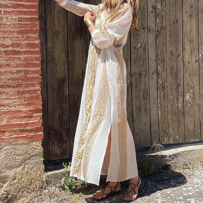 Arabian Fashion Geometric Print Long Sleeve Mid-Length Dress White Polyester