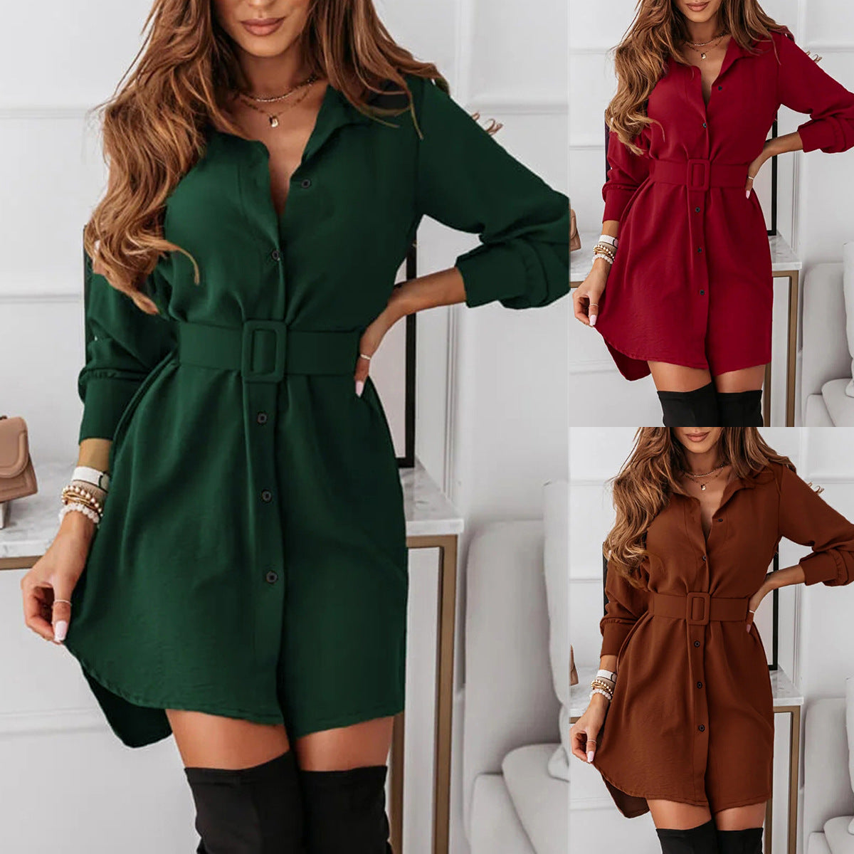 Elegant Long-Sleeve Polyester Shirt Dress with Belt and Buttons for Women