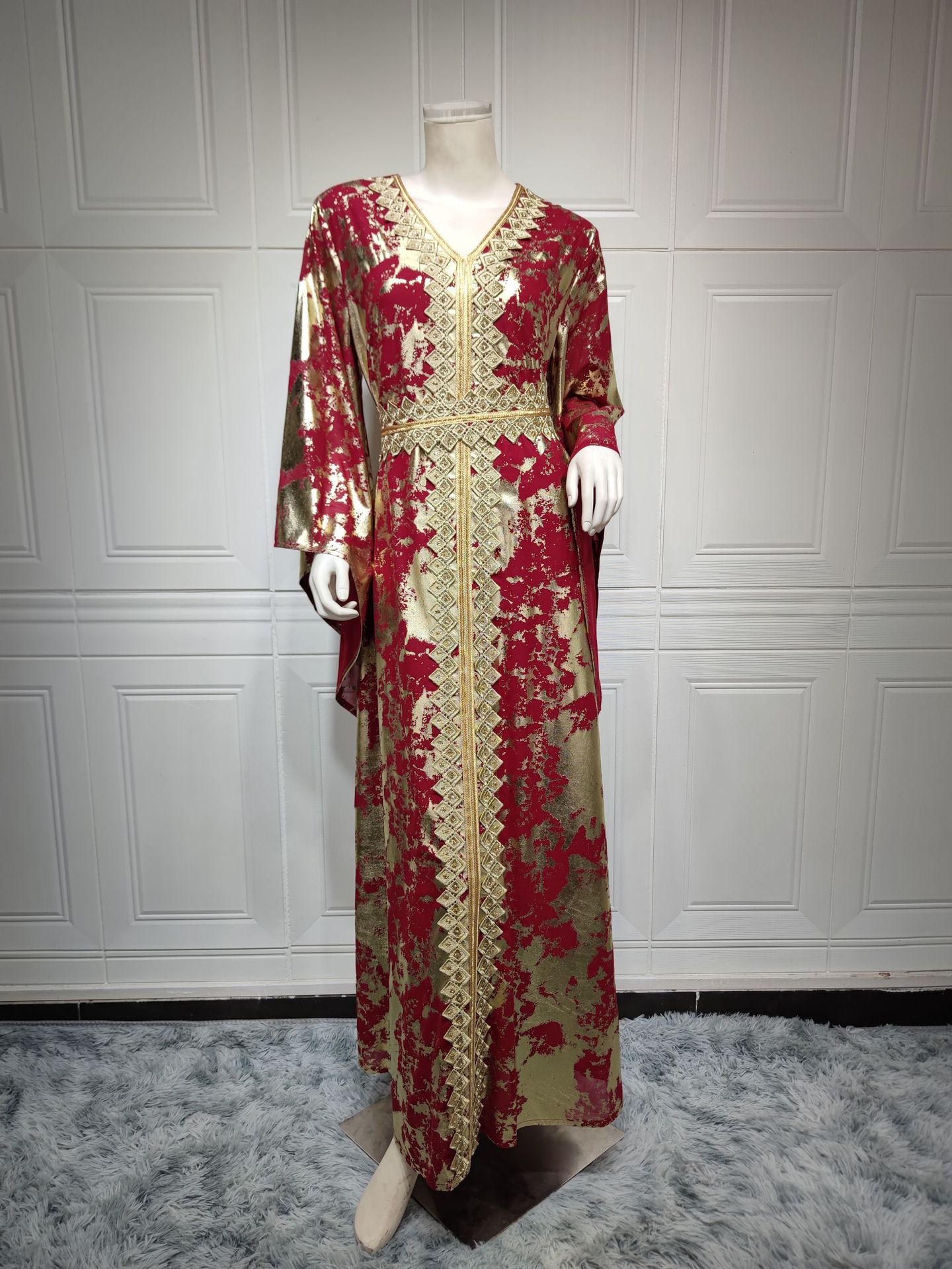 Muslim Chiffon Bronzing Long Sleeve Robe with Belt Dress