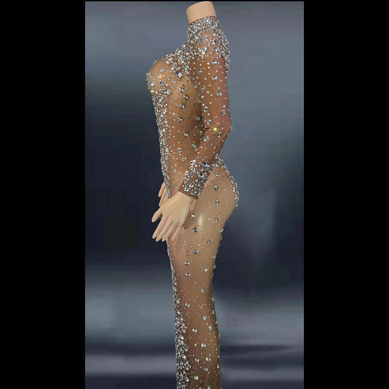 Robe de bal moulante à manches longues et strass pour femme