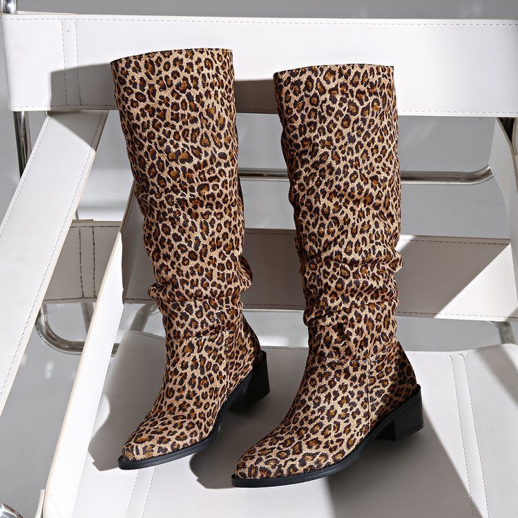 Bottes pour femmes à talon mi-épais, bout carré et imprimé léopard