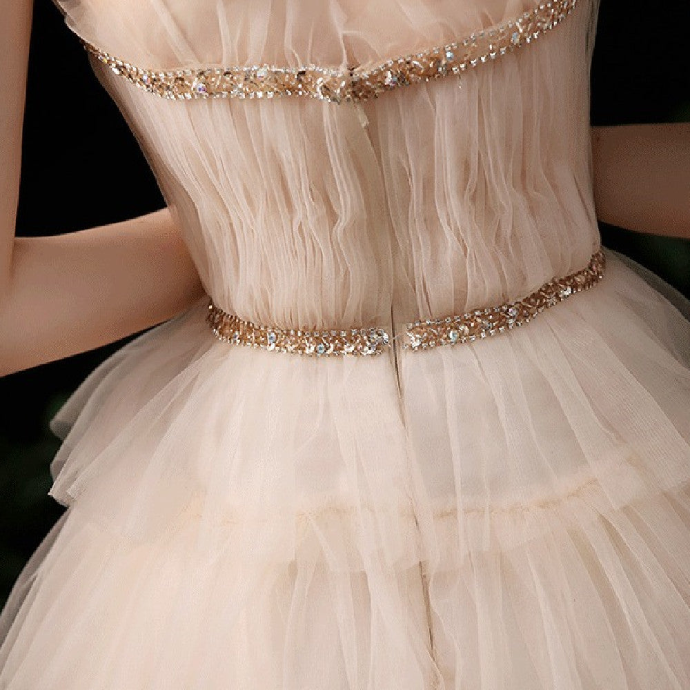 Robe de soirée bustier dorée à bretelles pour femme, idéale pour un banquet ou une hôtesse