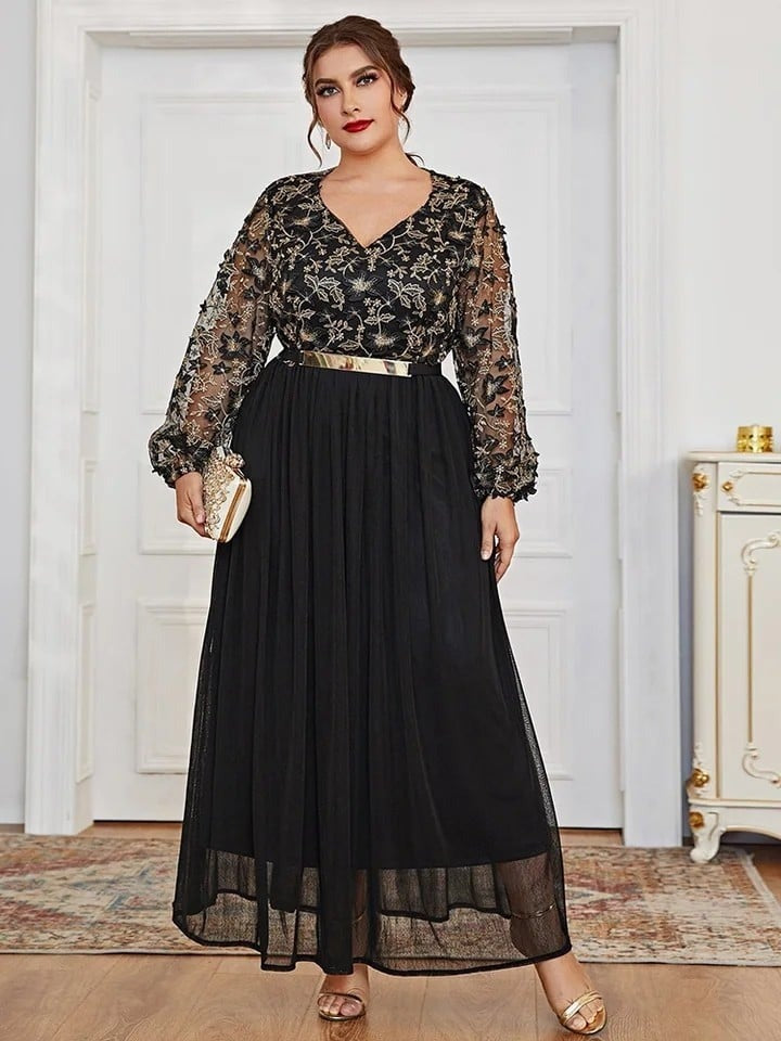 Robe musulmane noire grande taille à col en V avec taille réglable