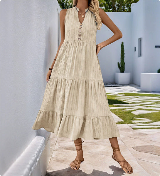 Blue Pleated Sleeveless Stand Collar Dress Mid-Length