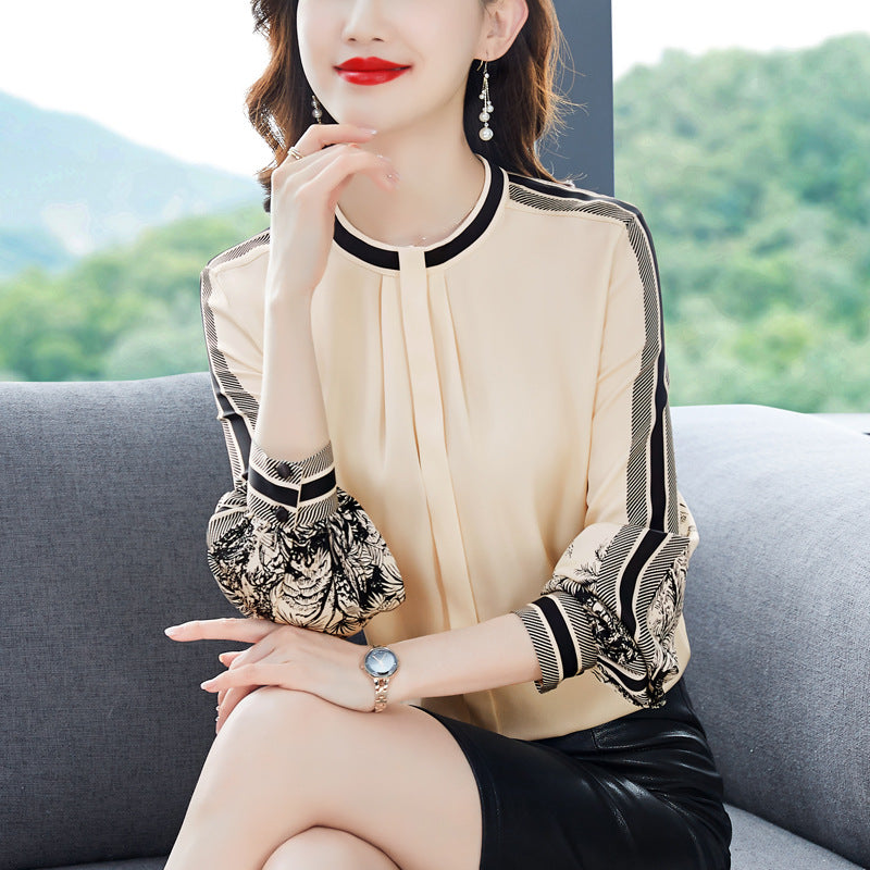 Women's Apricot Printed Mulberry Silk Satin Long Sleeve Shirt Slimming Spring Top