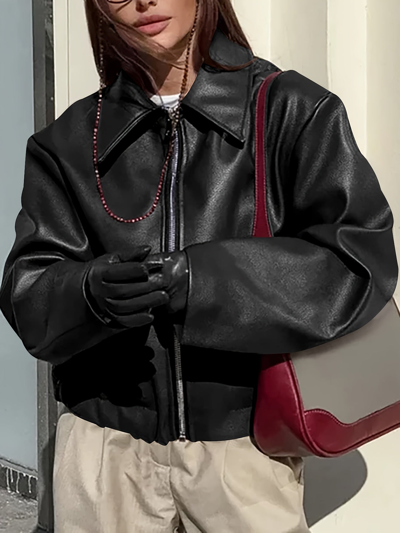 Wine Red Retro Biker Style Matte Leather Jacket Coat