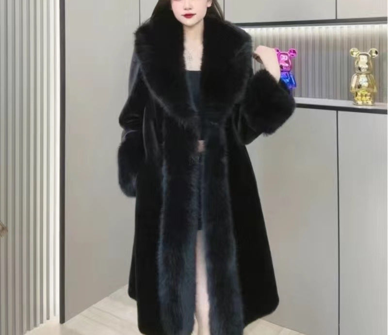 Women’s Mink Fur Collar Leather Overcoat Medium Length