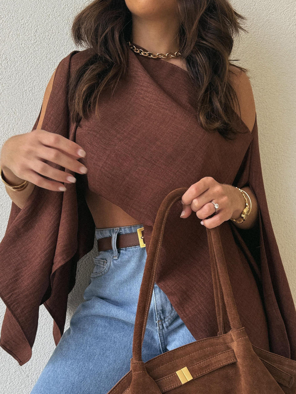 Brown Off Shoulder Loose Fit Crop Top